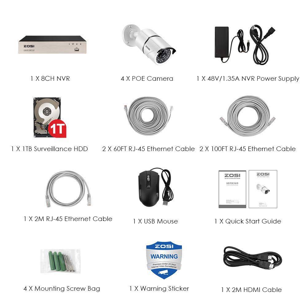ZOSI 1080p PoE 8-Channel 1TB Hard Drive DVR Security Camera System with 4-Wired Bullet Cameras