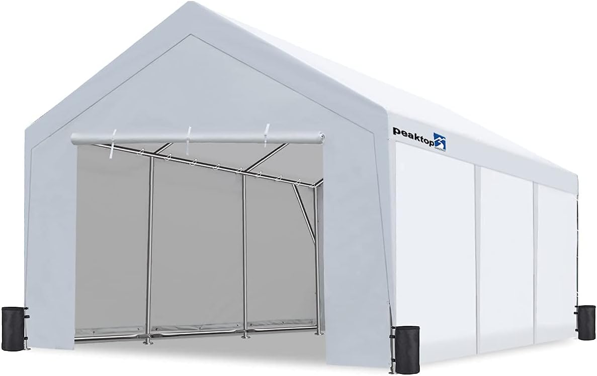 PEAKTOP OUTDOOR 10 x 20 ft Upgraded Heavy Duty Carport Car Canopy with Removable Sidewalls, Portable Garage Tent Boat Shelter with Reinforced Triangular Beams and 4 Weight Bags,Silver Gray
