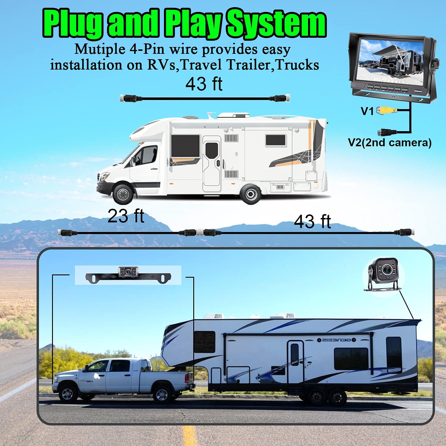 Backup Camera AHD 1080P with 7 Inch LCD Monitor for RV Trailer Truck 5th Wheel Boat 2 Rear View Cameras Plug and Play System, Super Night Vision IP69 Waterproof Metal Material 12V-36V - DoHonest V27