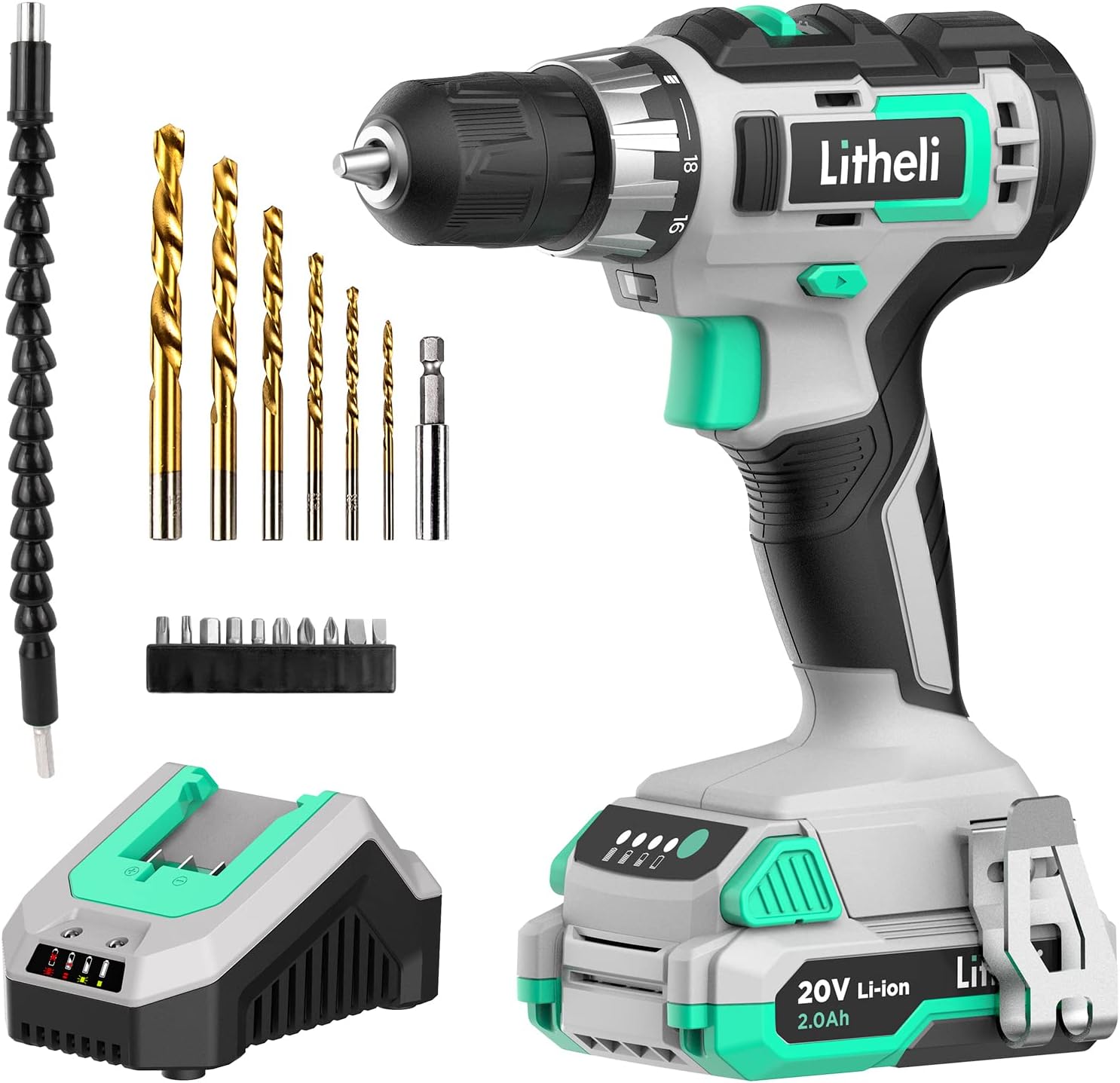 Litheli 20V Cordless Drill Combo Kit, 220 In-lbs Drill Driver and 1150 In-Lbs Impact Driver with 2 Pcs 2.0 Ah Battery 1H Fast Charger, Pack of 2
