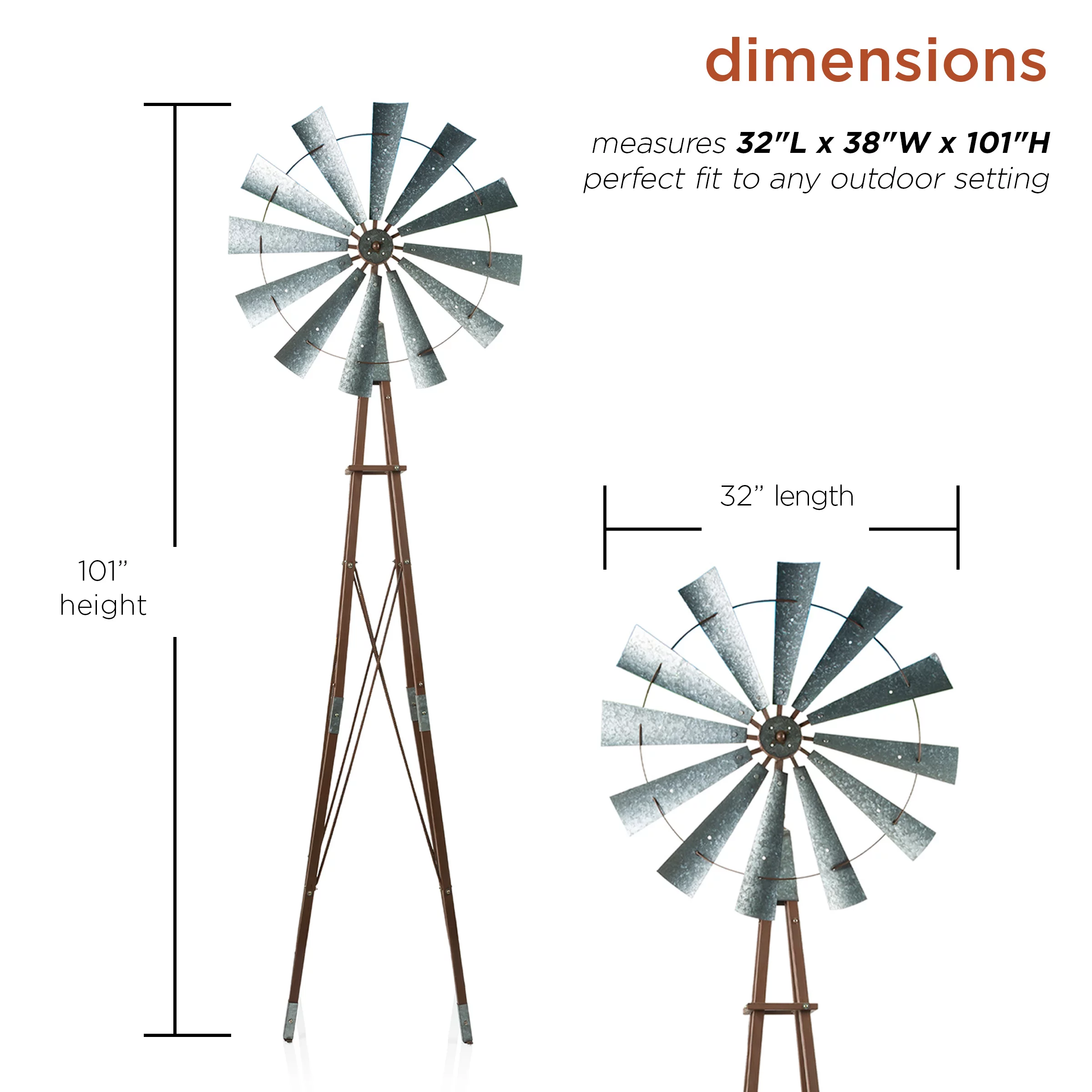 Alpine Corporation 32" x 38" x 101" Galvanized Metal Kinetic Windmill, Silver/Brown