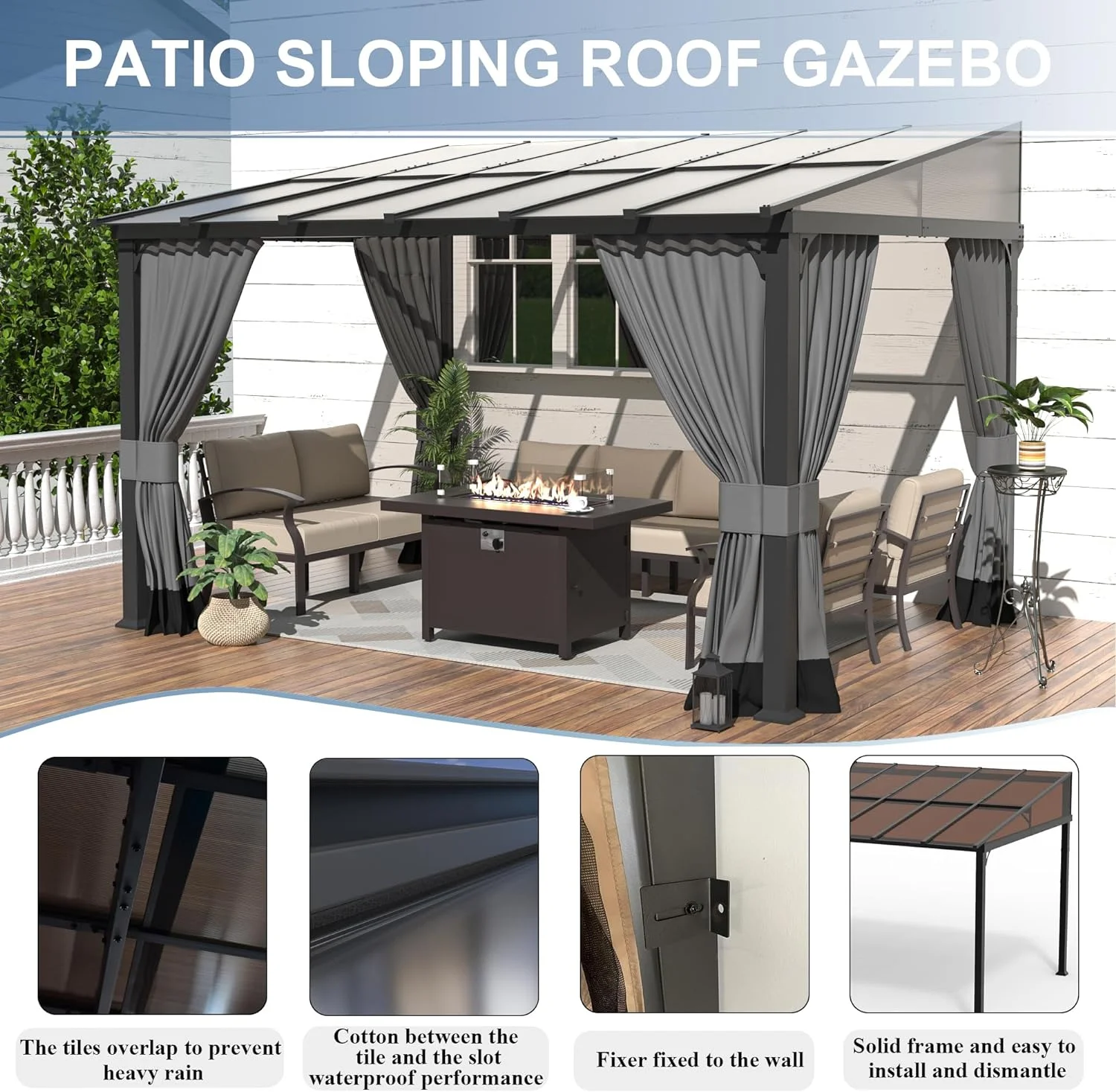 Outdoor Lean to Gazebo 10x24FT, Hardtop Wall Mounted Gazebo with Sloping Sun Panel Roof, Awnings for Patio with Metal Frame, Double Curtains for Garden, Lawn, Backyard Deck, Grey