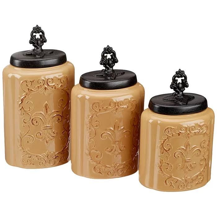 American Atelier 3-Piece White Fleur De Lis Canister Set