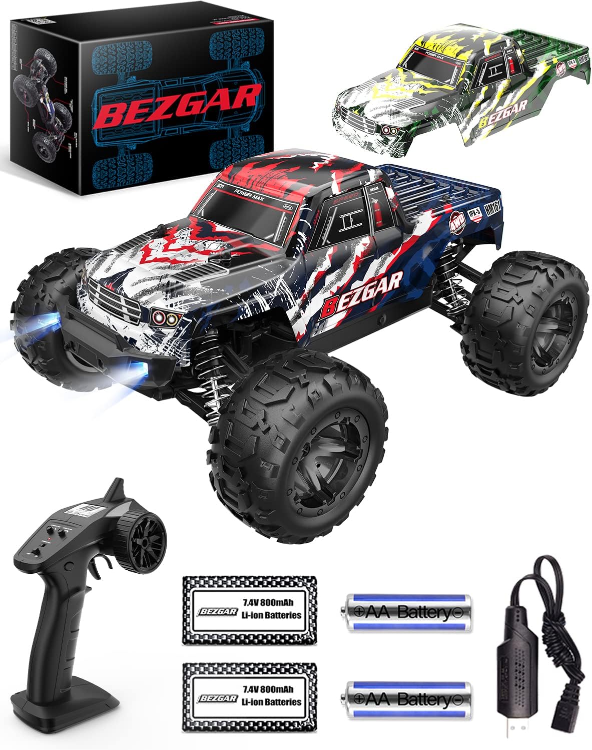 BEZGAR HM165 Hobby Grade 1:16 Scale Brushless Remote Control Truck - 4WD High Speed 52kmh All Terrains Off Road RC Monster Vehicle Car Crawler with 2 Rechargeable Batteries for Boys Kids and Adults