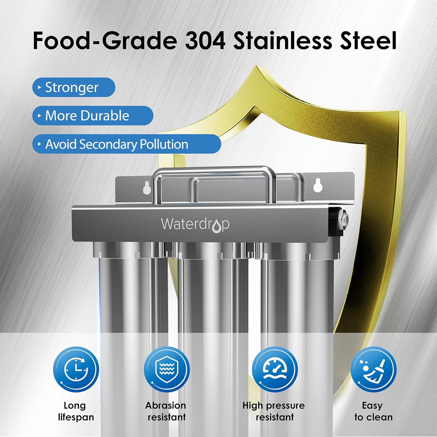 Waterdrop TST-UF 0.01μm Ultra-Filtration Under Sink Water Filter, Stainless Steel,Remove 99.99% of Contąminants Larger Than 0.01μm-BUNDLE