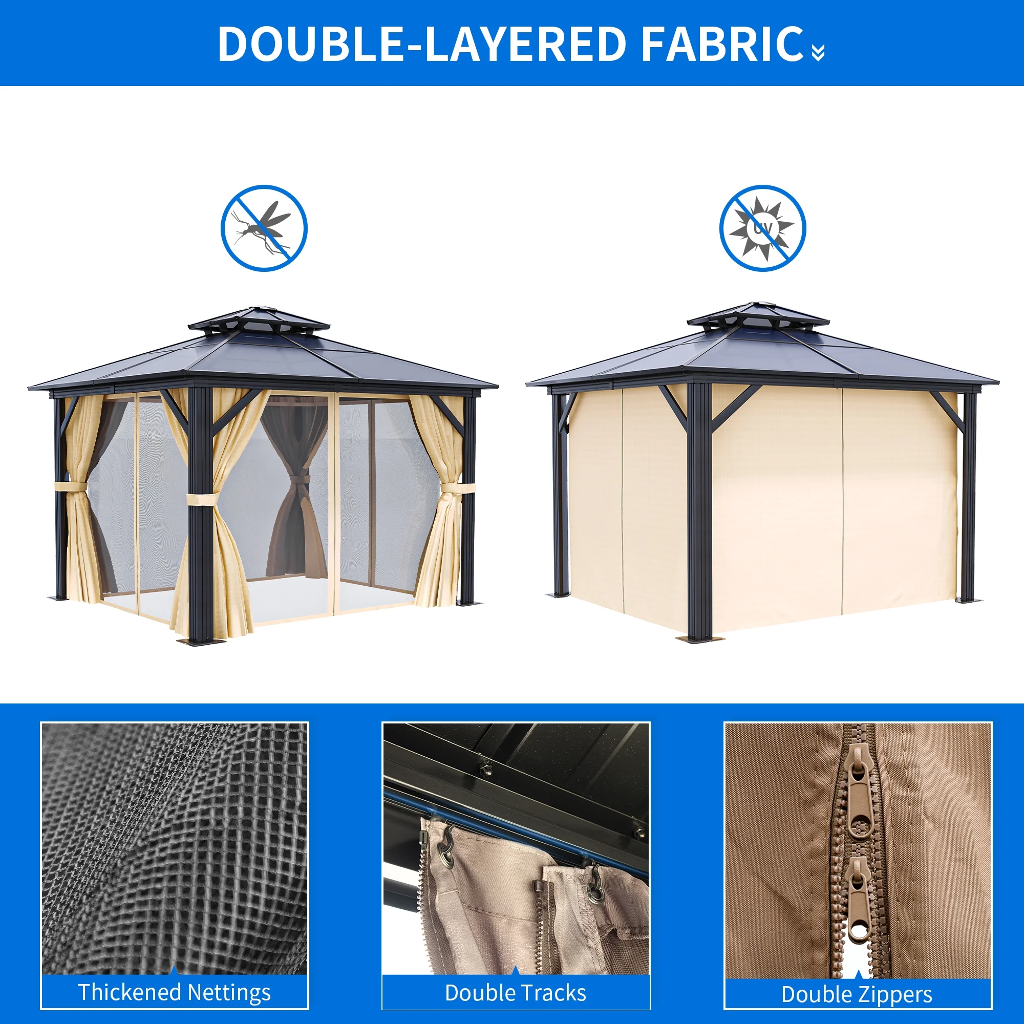 Dextrus 10x10ft Hardtop Gazebo, Double Roof Polycarbonate Gazebo Outdoor with Netting and Shaded Curtains for Patio, Garden, Lawn, Party