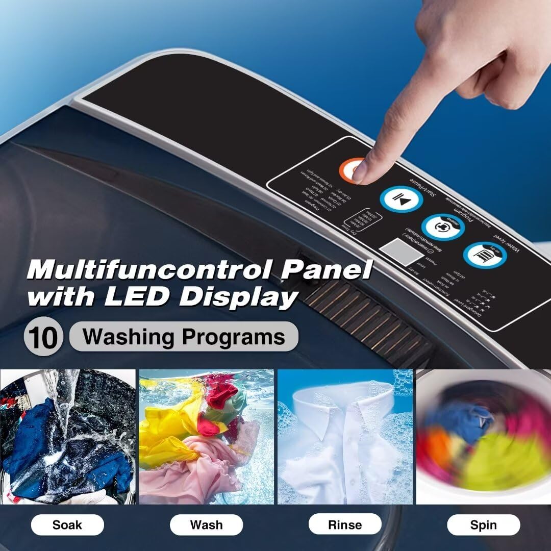 Small Washer Machine for Apartment, Washer and Dryer Combo with LED Display, 17.8LBS Apartment Washing Machine with 10 Washing Programs, Transparent Grey