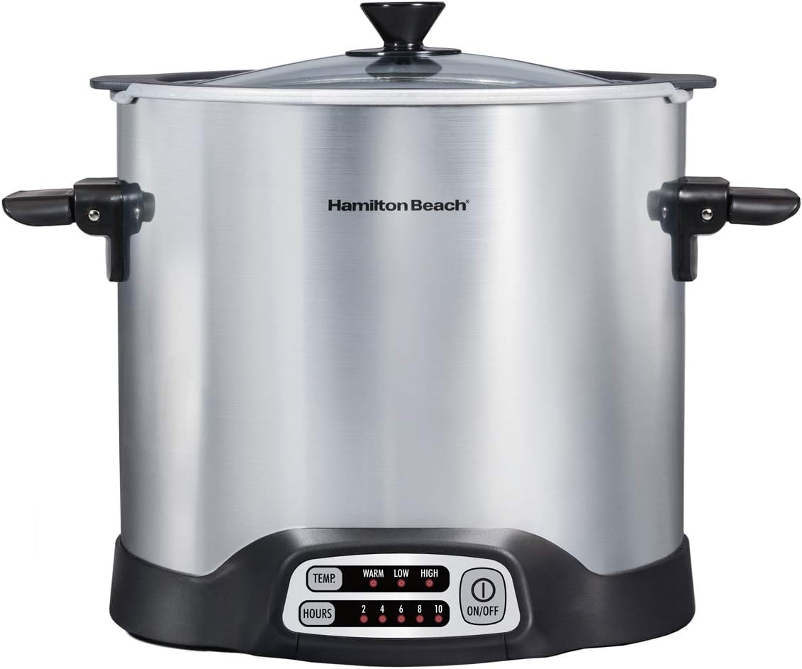 Hamilton Beach Sear & Cook Stock Pot Slow Cooker with Stovetop Safe Crock, Large 10 Quart Capacity, Programmable, Silver (33196) & 8 Quart Programmable Slow Cooker, Silver (33480)