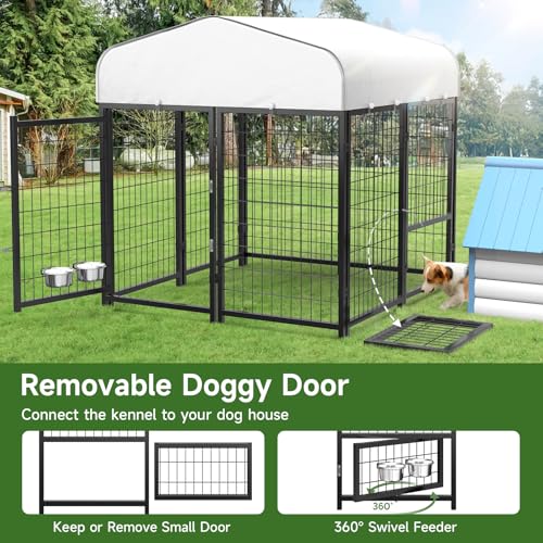 SINO LUBAN Outdoor Dog Kennel Outside Run with Doggy Door, Swivel Feeder&Roof - 8x4x6 Large Dog Kennels Pens Outside for Large Dogs Breed-Heavy Duty Cage Enclosure Yard (Can Connect to Your Dog House)