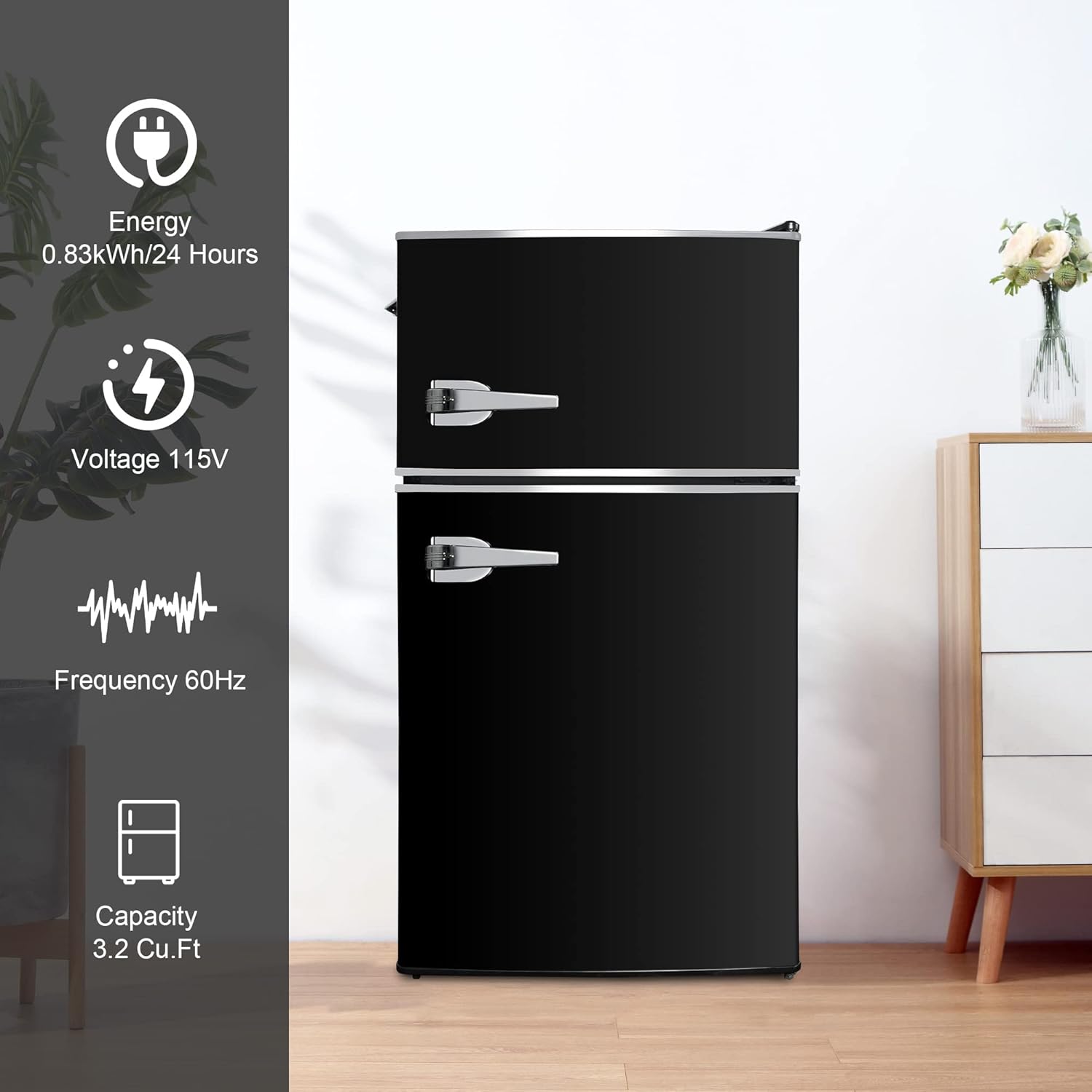 3.2 Cu.Ft Small Refrigerator with Freezer, 2 Door Black Mini Fridge, Energy Saving, Adjustable Thermostat Control, Adjustable Legs, Perfect for Apartment/Office/Dorm/Garage
