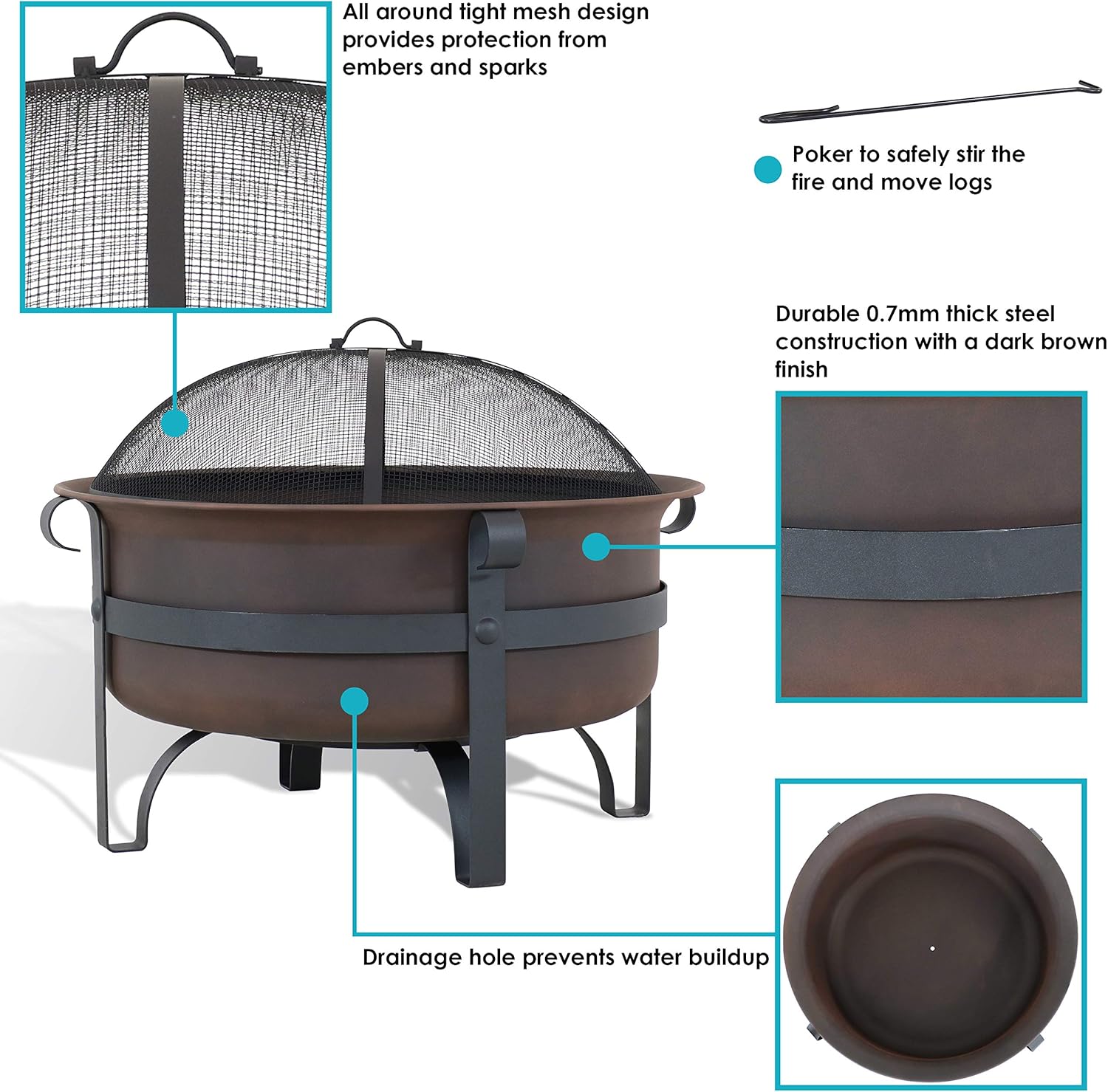 Sunnydaze Large Bronze Cauldron Outdoor Fire Pit Bowl - Round Wood Burning Patio Firebowl with Portable Poker and Spark Screen - 29 Inch