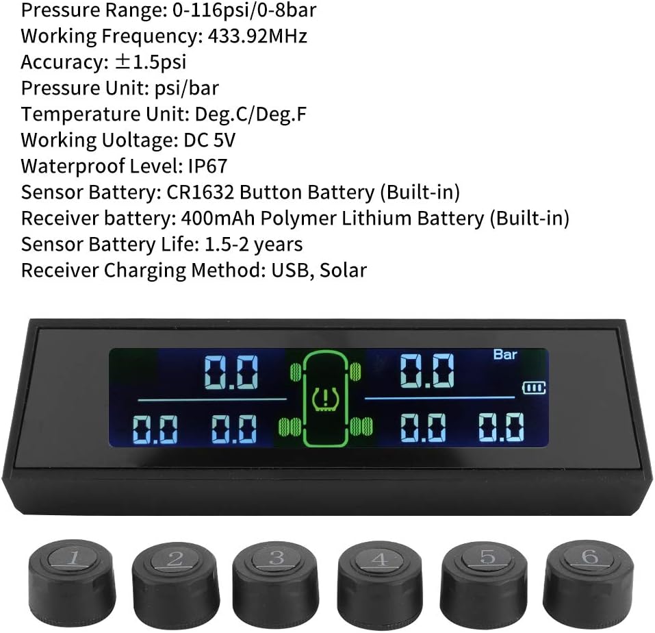 KIMISS Solar Power TPMS, Tire Pressure Monitor System Solar Powered TPMS Detector with LCD 6 External Sensor for RV Pack of 2