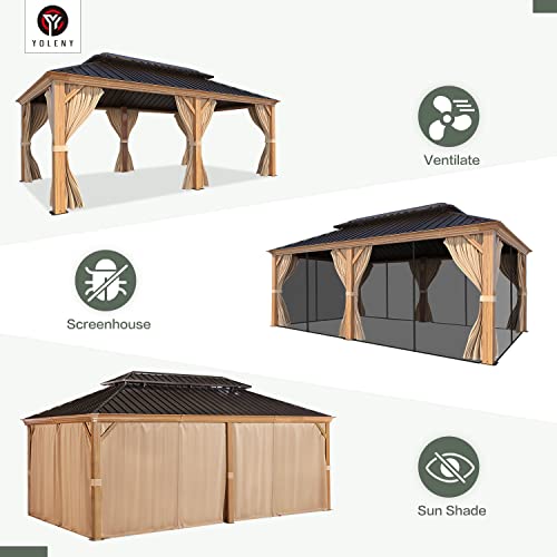 YOLENY 10' x 12' Hardtop Gazebo, Wood-Looking Gazebo with Galvanized Steel Double Roof, Aluminum Frame, Permanent Metal Pavilion with Netting and Curtains for Deck, Backyard, Patio and Lawns