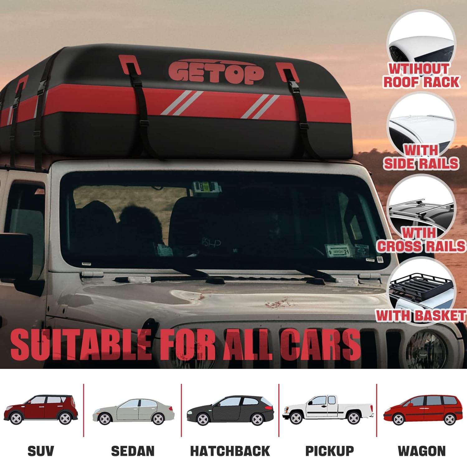 21 Cubic Feet Rooftop Cargo Carrier Bag Waterproof,GETOP 730D Car Roof Bag Heavy-Duty Soft-Shell for All Car with/Without Rack,with Non-Slip Mat, 6 Door Hooks，Lock，Storage Bag(Red)