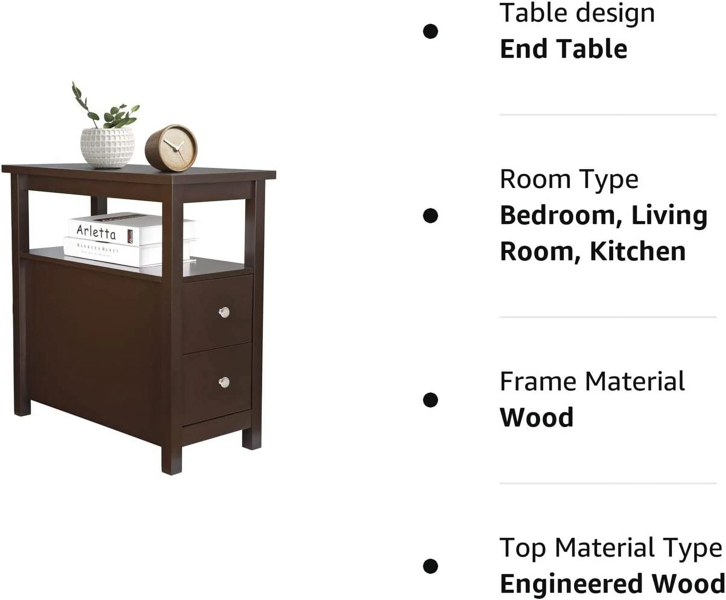 Side Table Set of 2 Chairside Table Narrow End Table with  Shelf and Drawers Small End Table for Bedroom Living Room Kitchen Wood Espresso