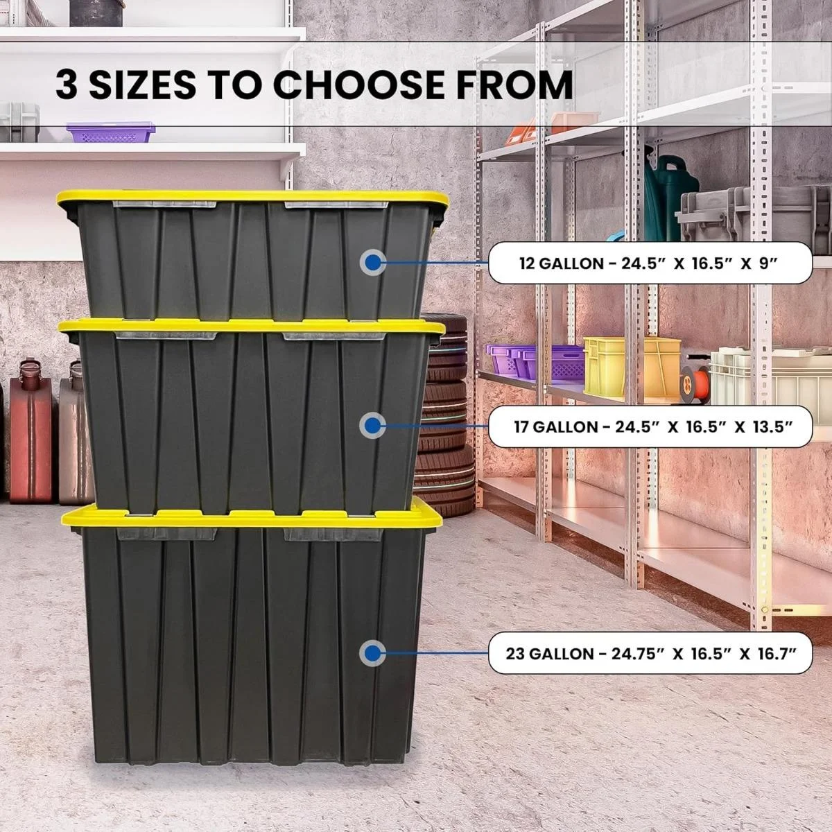 8 PACK of Medium 12 Gallon Plastic Storage Bin Tote Organizing Container with Ultra Durable Secure Latching Lids, Stackable, Extra Strength Clear with Built in Handle - Black and Yellow