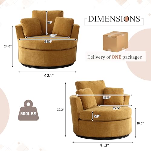 Chair and A Half with Ottoman, 360° Swivel Accent Barrel Chair Modern Comfy Round Reading Sofa Swivel Chairs Circle Lounge Chair for Bedroom Living Room w/4 Pillow Lower Seating Heigh (White, Large)