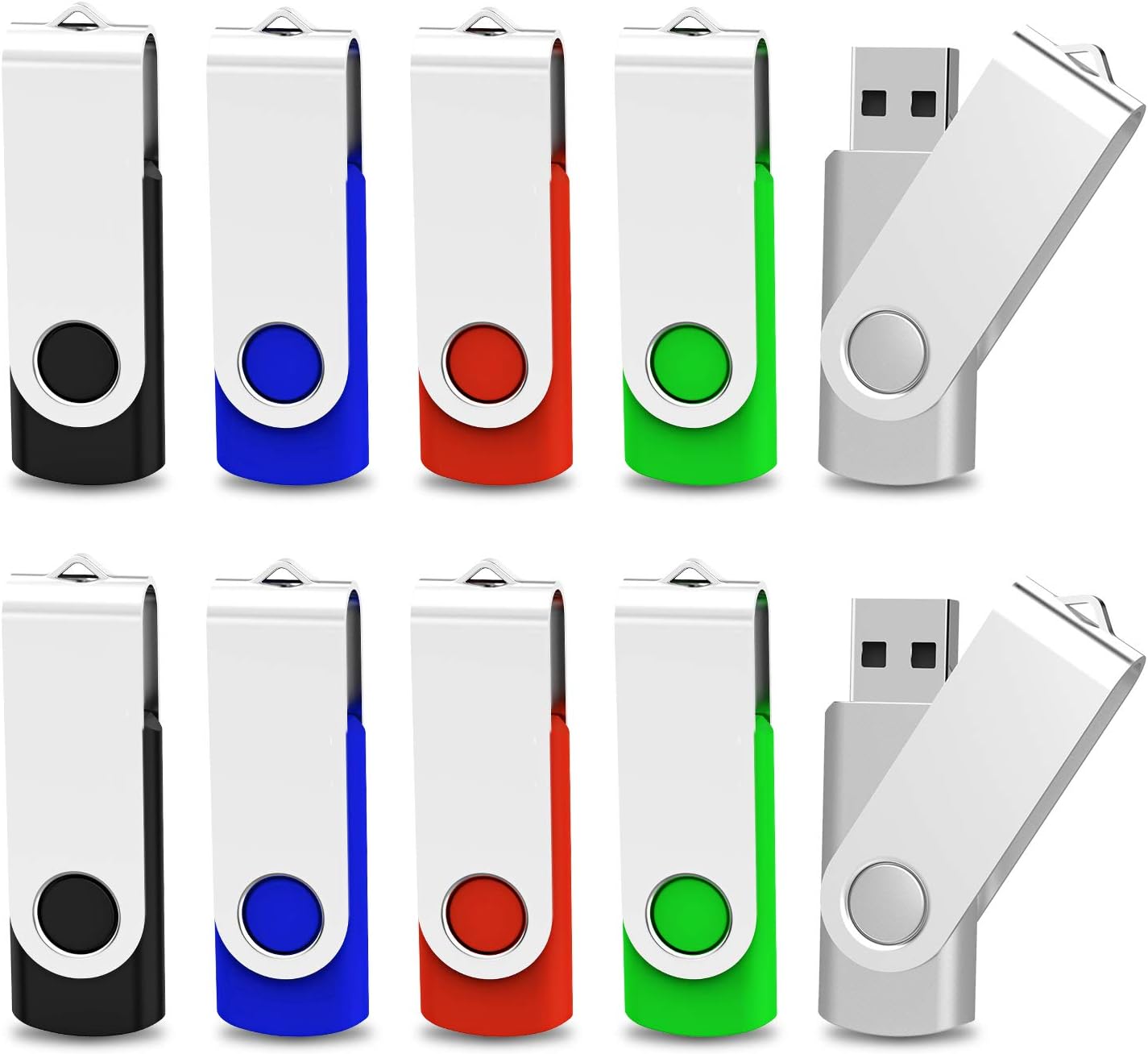 TOPESEL 10 Pack 32GB USB 3.0 Flash Drive Memory Stick Thumb Drives (5 Mixed Colors: Black Blue Green Red Silver) Pack of 2