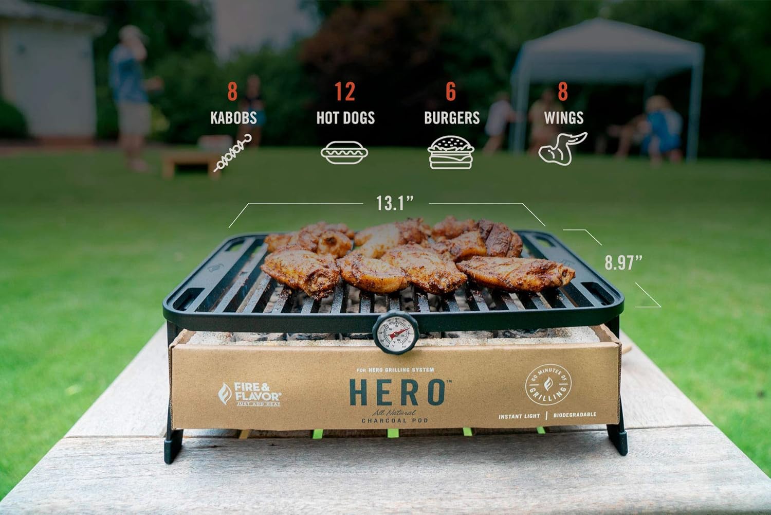 Fire & Flavor Hero System Ultra-Portable Easy Instant Light Charcoal Grilling for Tailgating, Beach RV, Park, Patio, Outdoors with Reusable Eco-Friendly Pod, Bamboo Cutting Board and Carry Case, Multi