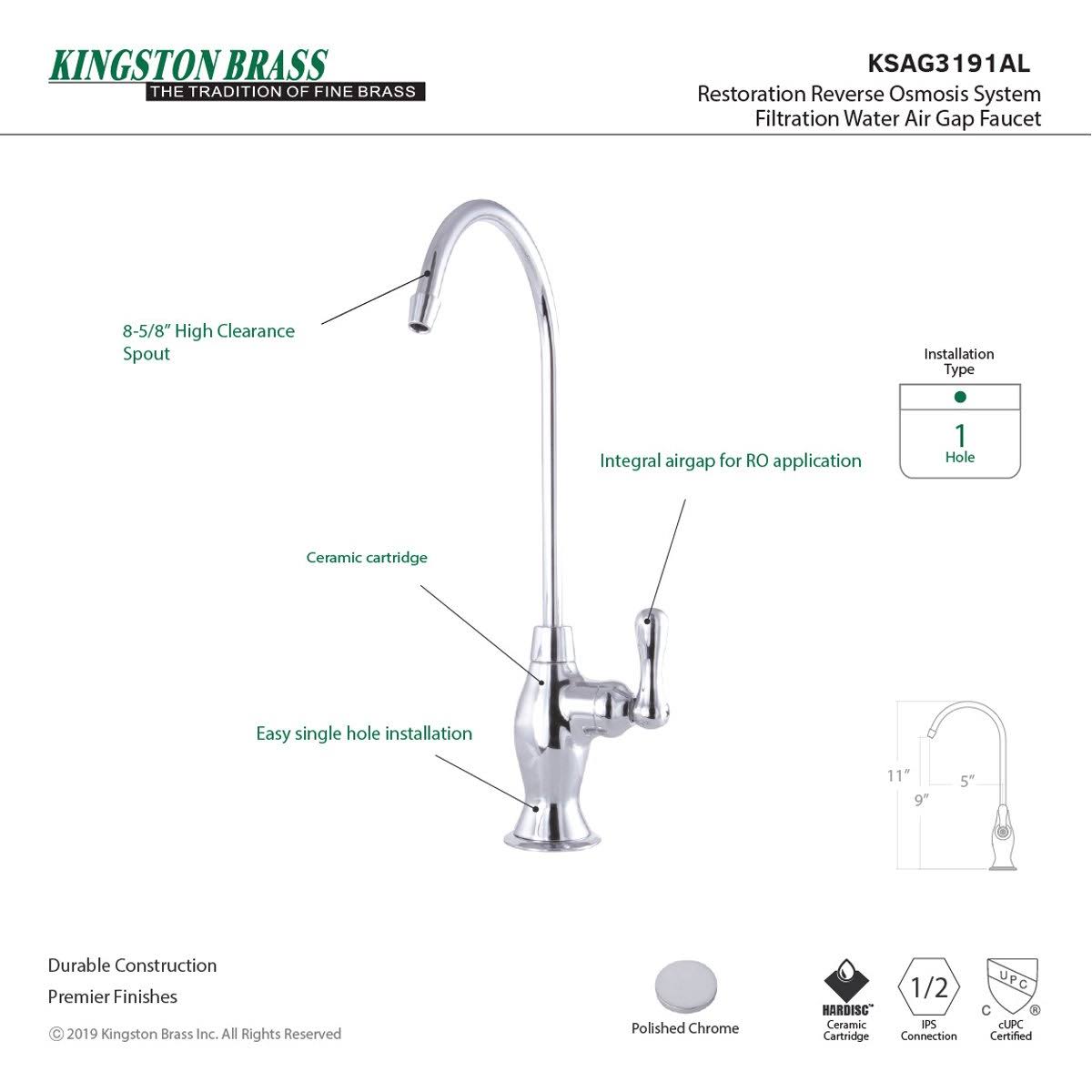 Kingston Brass KSAG3192AL Restoration REVERSE Osmosis System Filtration Water Air Gap Faucet, Polished Brass