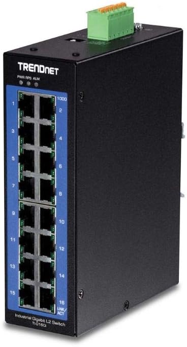 TRENDnet 16-Port Industrial Gigabit L2 Managed DIN-Rail Switch, Layer 2 Switch, 16 x Gigabit Ports, 32Gbps Switching Capacity, Extreme Temperature Gigabit Switch, Lifetime Protection, Black, TI-G160i