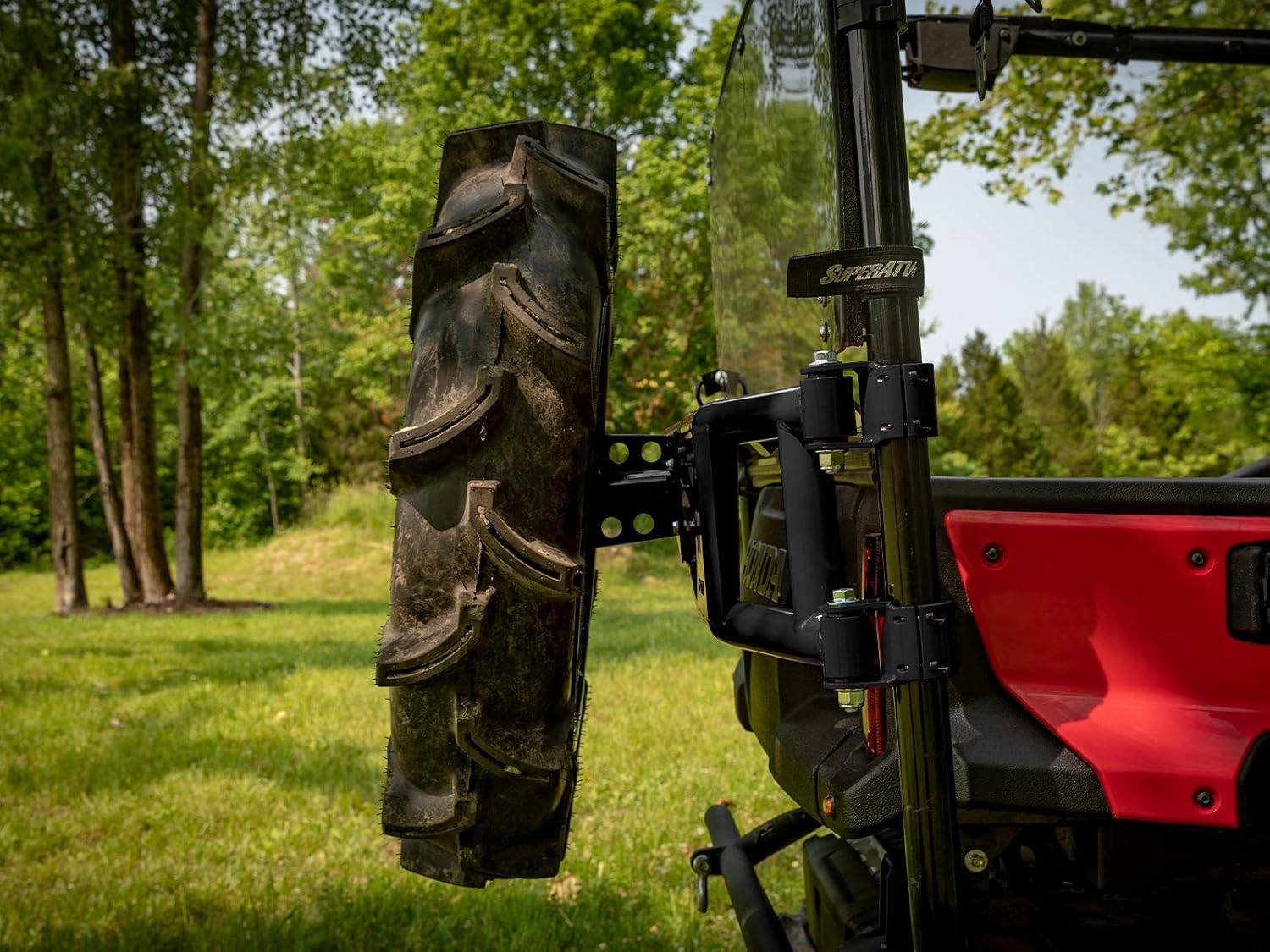 SuperATV UTV Spare Tire Carrier Compatible with 2016+ Honda Pioneer 1000-5/1000-5 Deluxe | 2017+ 1000-5 Limited Edition | No Drilling or Welding | Accommodates Tires of All Sizes (up to 70 pounds)