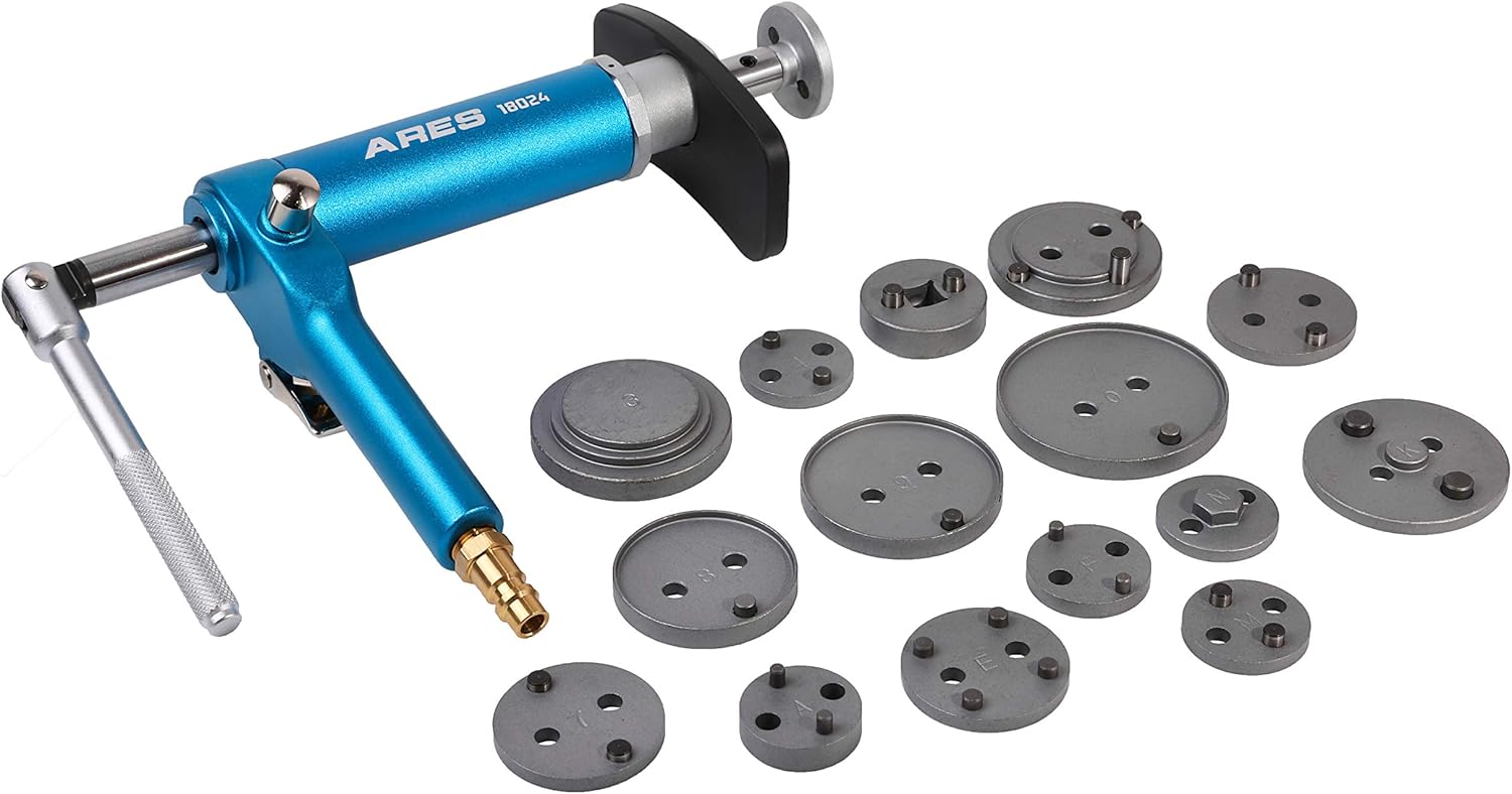 ARES 18024-16-Piece Brake Caliper Wind Back Tool Set - Pneumatic Design for Easy One-Person Use - Includes Compressor Tool, 15 Drive Key Disc Adapters - Storage Case Included
