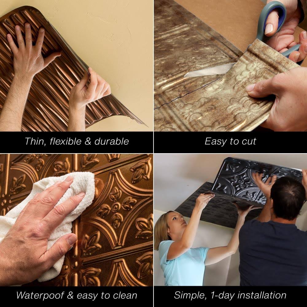 Fasade Portrait Decorative Vinyl 2ft x 4ft Glue Up Ceiling Tile in Crosshatch Silver (5 Pack)