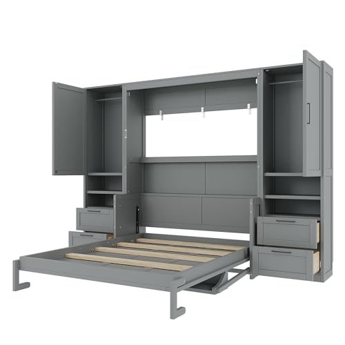 Merax Queen Size Murphy Bed with Desk, Space-Saving Wall Bed Frame with Closet, Drawers and Shelves, Foldable Platform Bed for Small Spaces Studio Study Office Guest Room, Gray