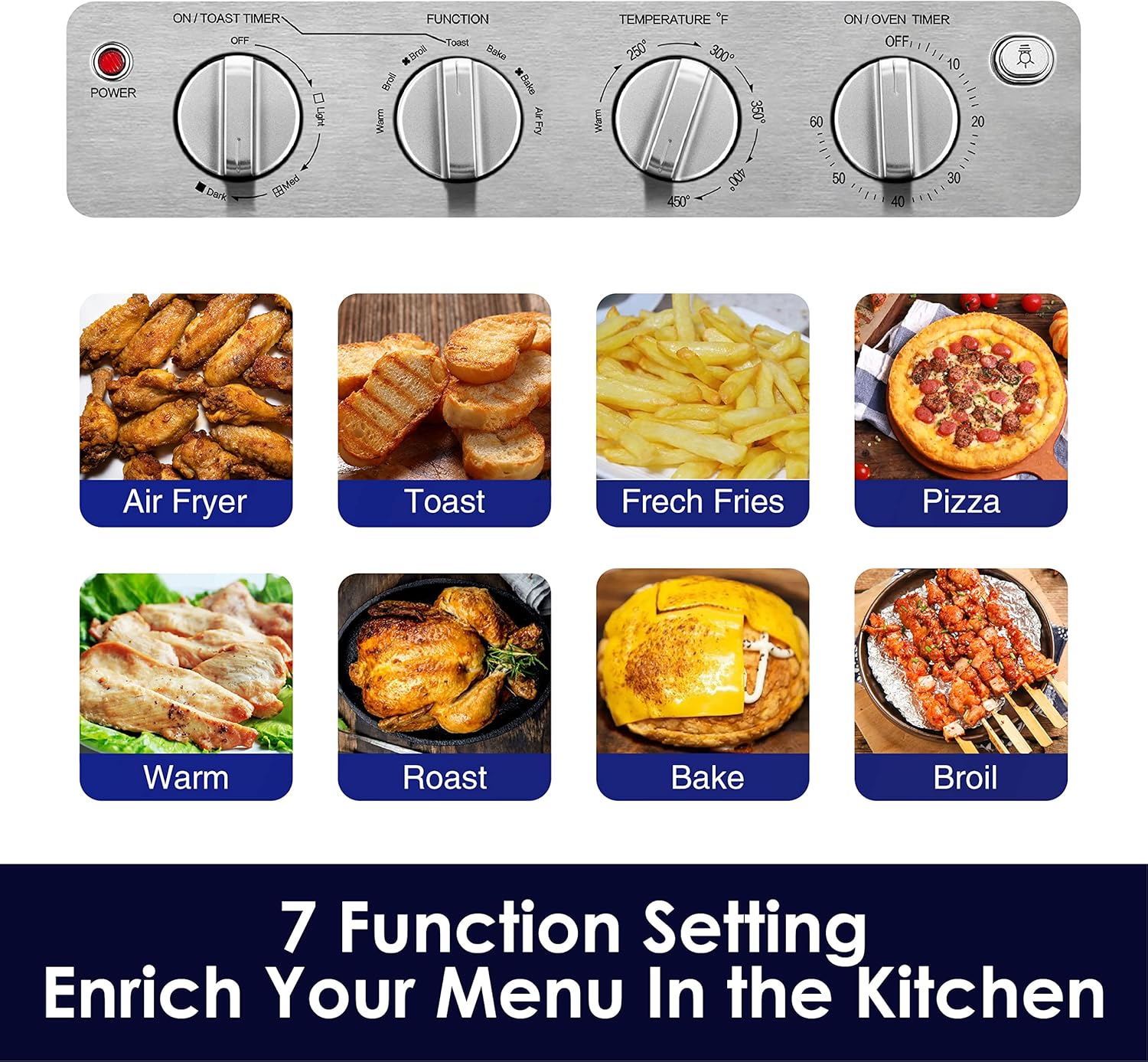 Countertop Convection Toaster Oven, AUMATE Kitchencore 7-in-1 Air Fryer Toaster Oven, Knob Control Pizza Oven with Timer/Auto-Off, 4 Accessories and Recipe Included, 19 QT, 1550W, Stainless Steel