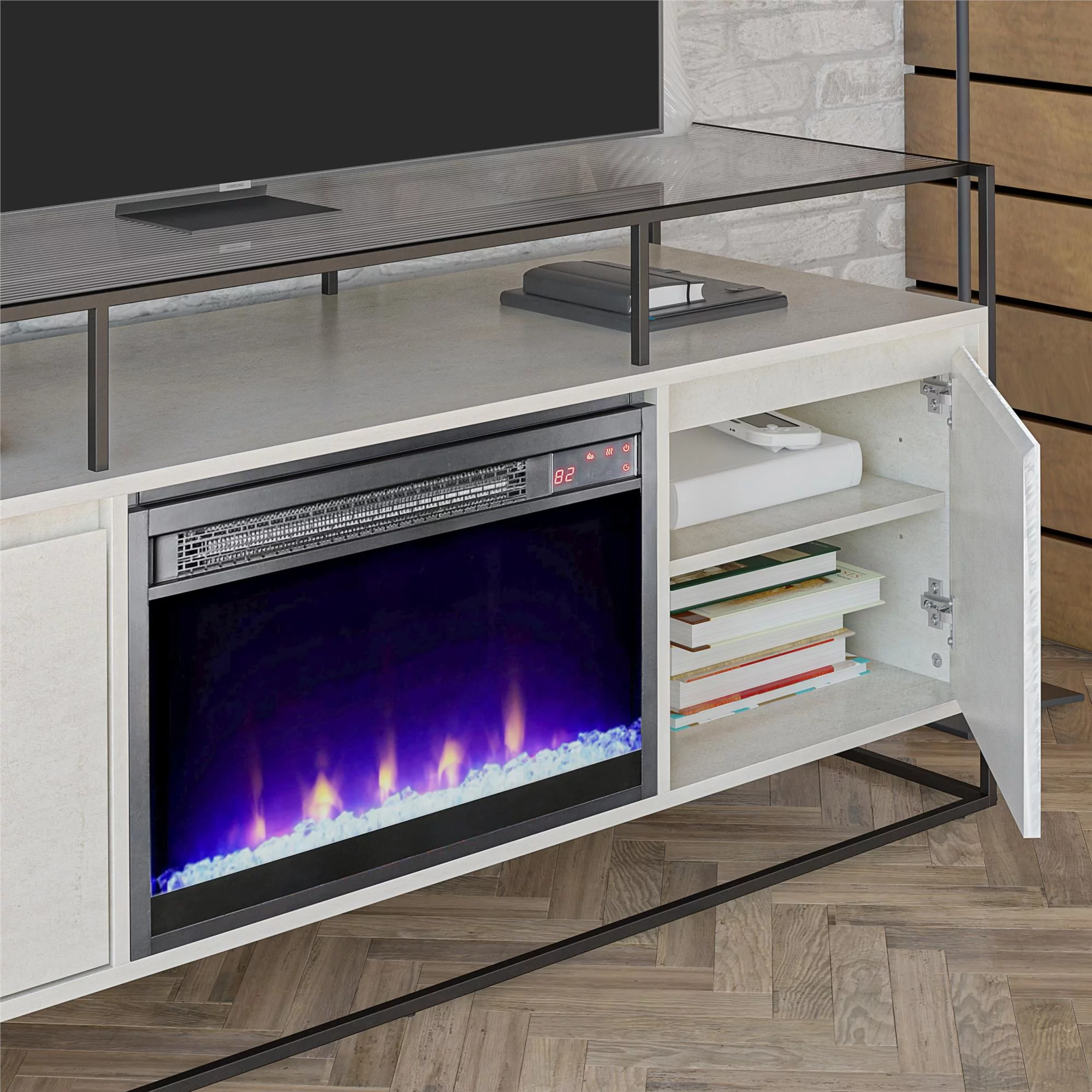 Ameriwood Home Covington Modern TV Stand and Console with Electric Fireplace for TVs up to 65", Plaster