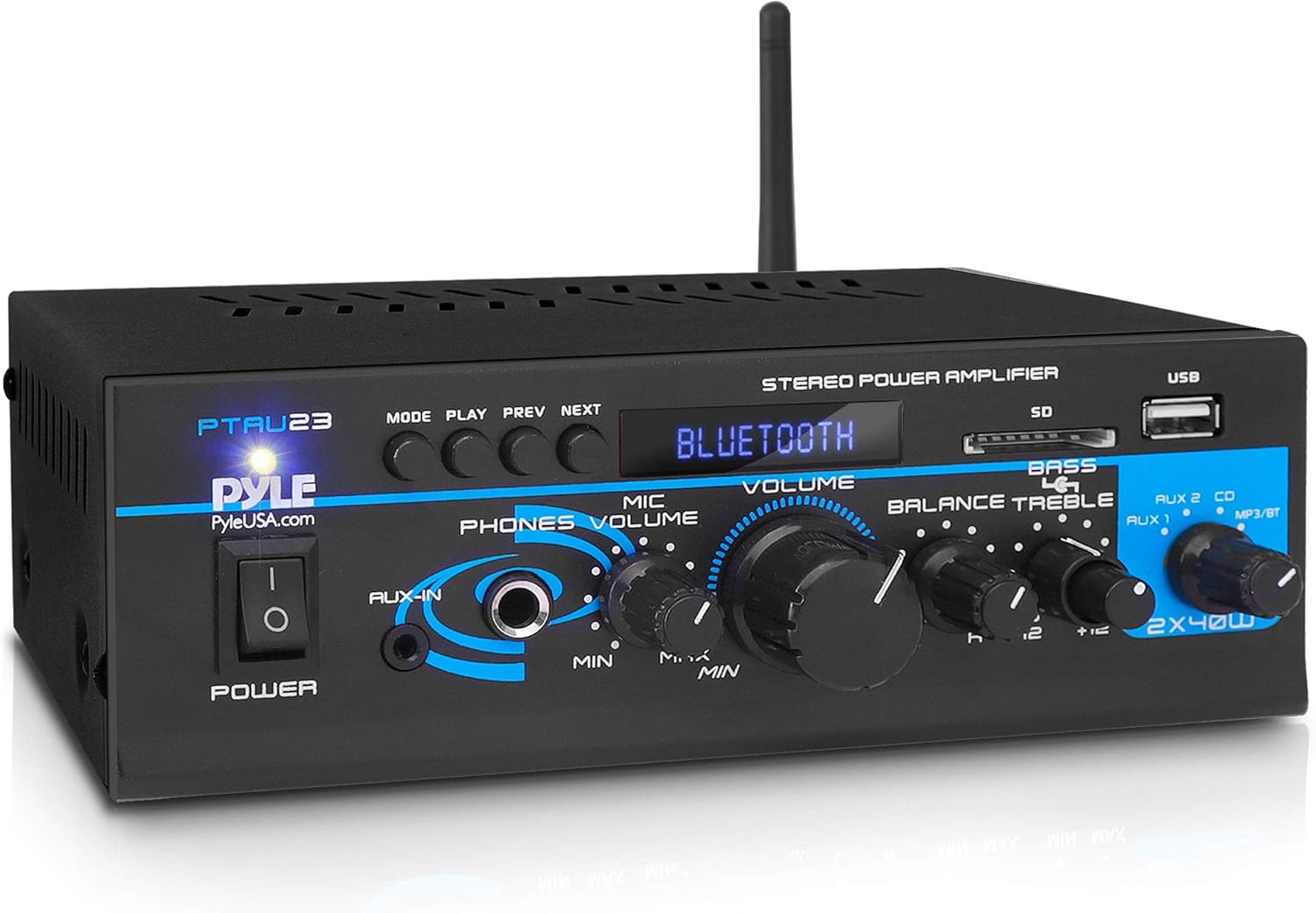 Home Audio Bluetooth Power Amplifier System - 2X40W Mini Dual Channel Mixer Sound Stereo Receiver Box w/ RCA, USB, AUX, Headphone, Mic Input, Theater, Home Entertainment, Studio Use - Pyle PTAU23