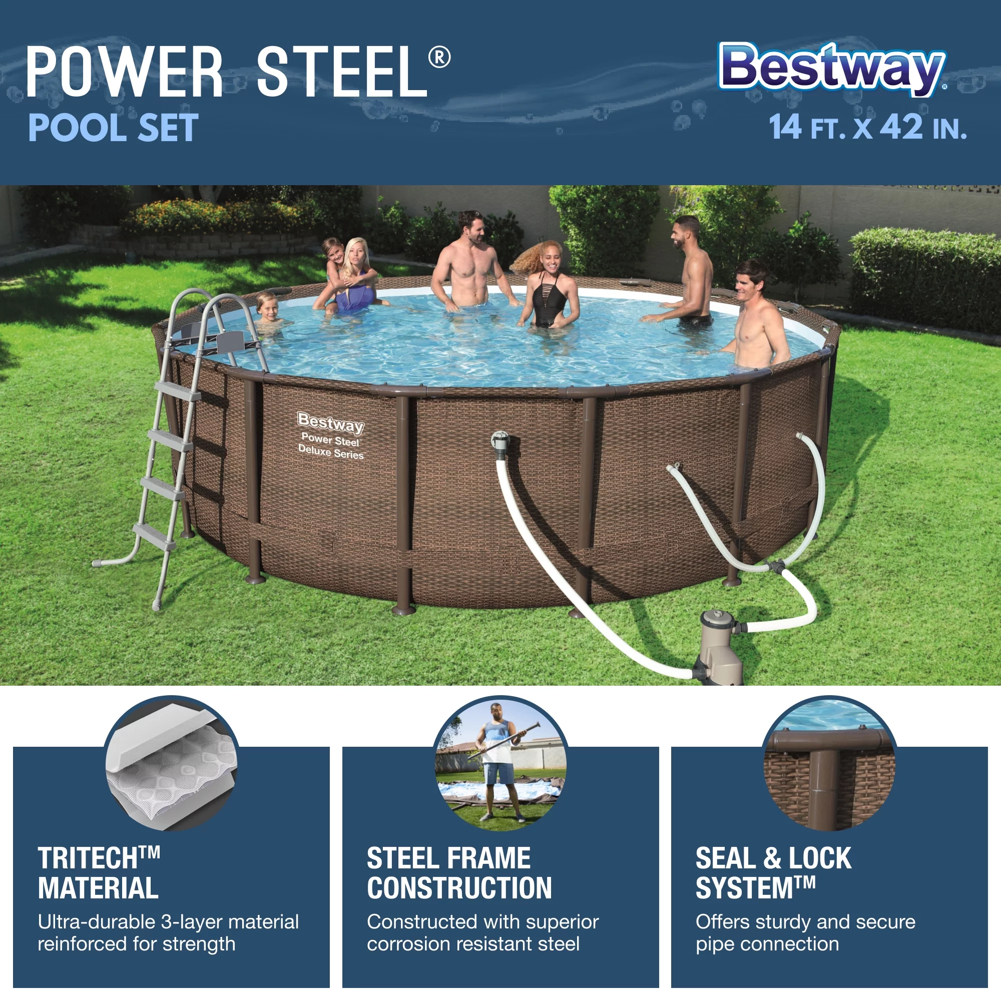 Bestway Power Steel 14' x 42" Round Above Ground Outdoor Swimming Pool Set