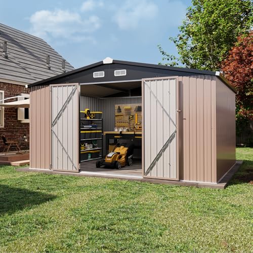 Aoxun 10 x 12FT Outdoor Storage Shed with Double Hinged Large Door Utility Garden Shed with Lockable Door & Sloped Roof Metal Sheds Outdoor Storage for Garden, Backyard, Patio and Backyard, Brown