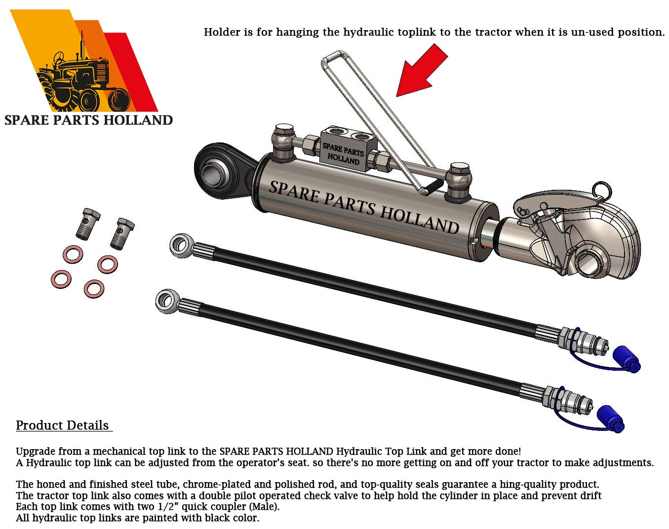 Hydraulic Top Link Cat. 2 + 2 Catch Hooks 23 5/8” - 34 5/8” Locking Block Hoses Stroke 11”