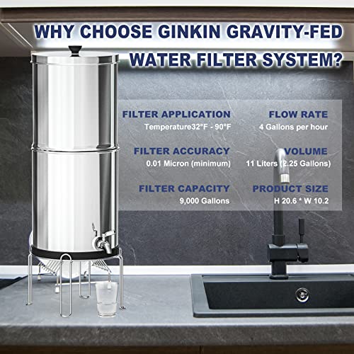 Ginkin Gravity-fed Water Filter System,with 2 Purification Filters for Home Camping Travel Outdoor Activities Emergencies,2.25-Gallon Stainless-Steel Countertop System