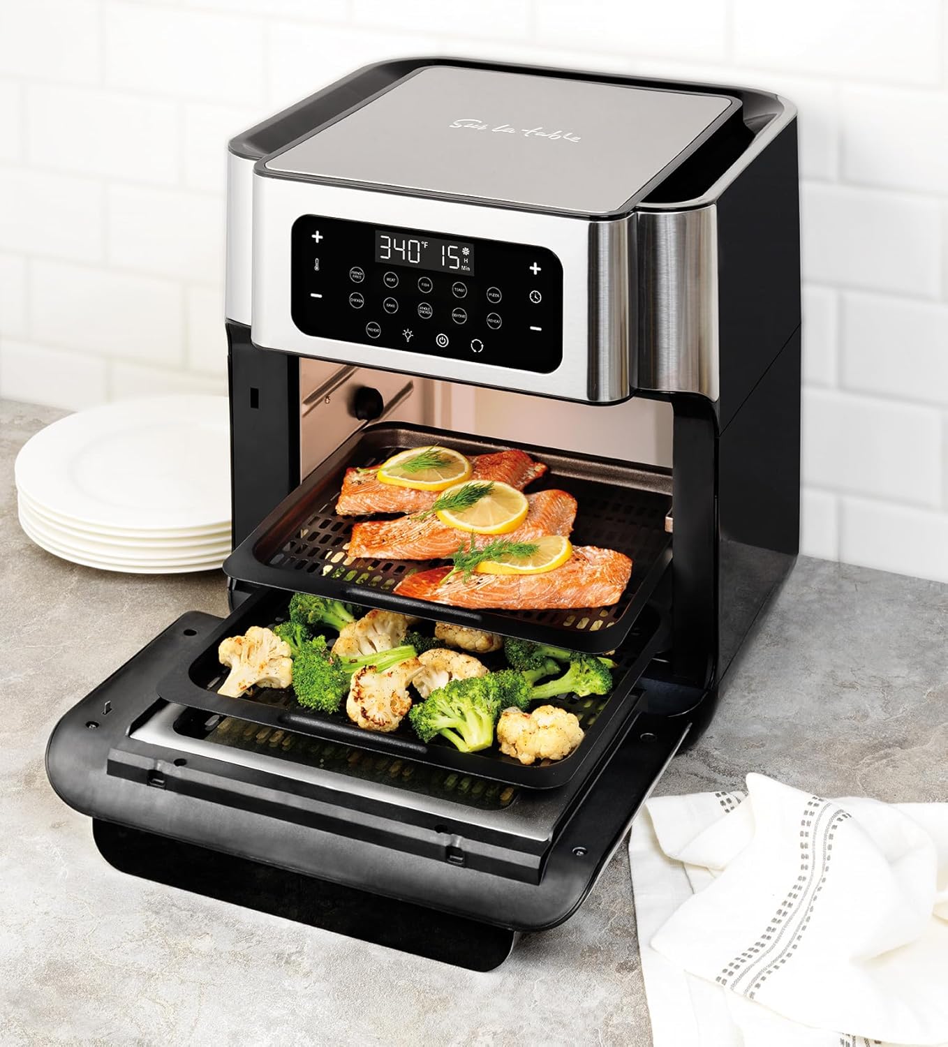 Sur La Table 13 Qt. 7-in-1 Air Fryer: Versatile Cooking with 360° AirFlow, 10 Preset Functions & 9-Piece Accessory Set Pepper Black