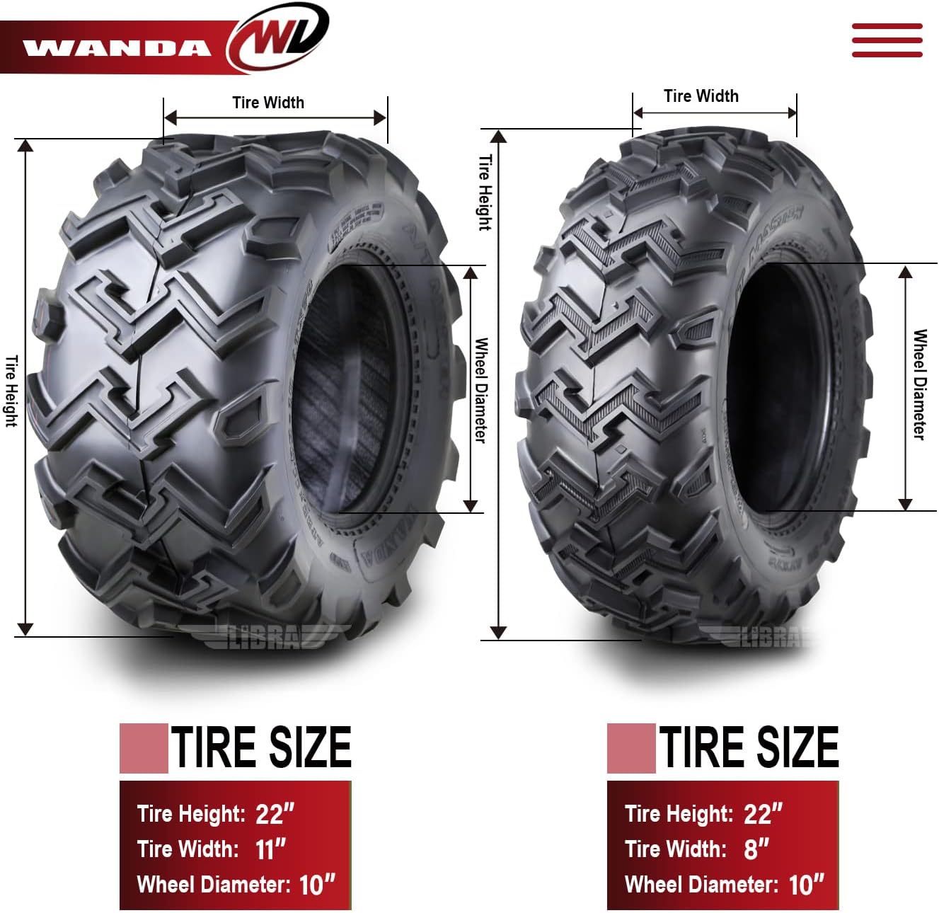Set of 4 WANDA ATV UTV Tires 22x8-10 Front & 22x11-10 Rear 6 Ply Rated