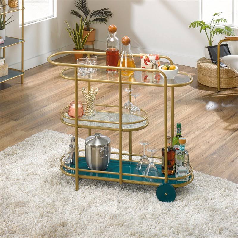 Pemberly Row Modern 3-Shelf Glass and Metal Bar Cart in Satin Gold