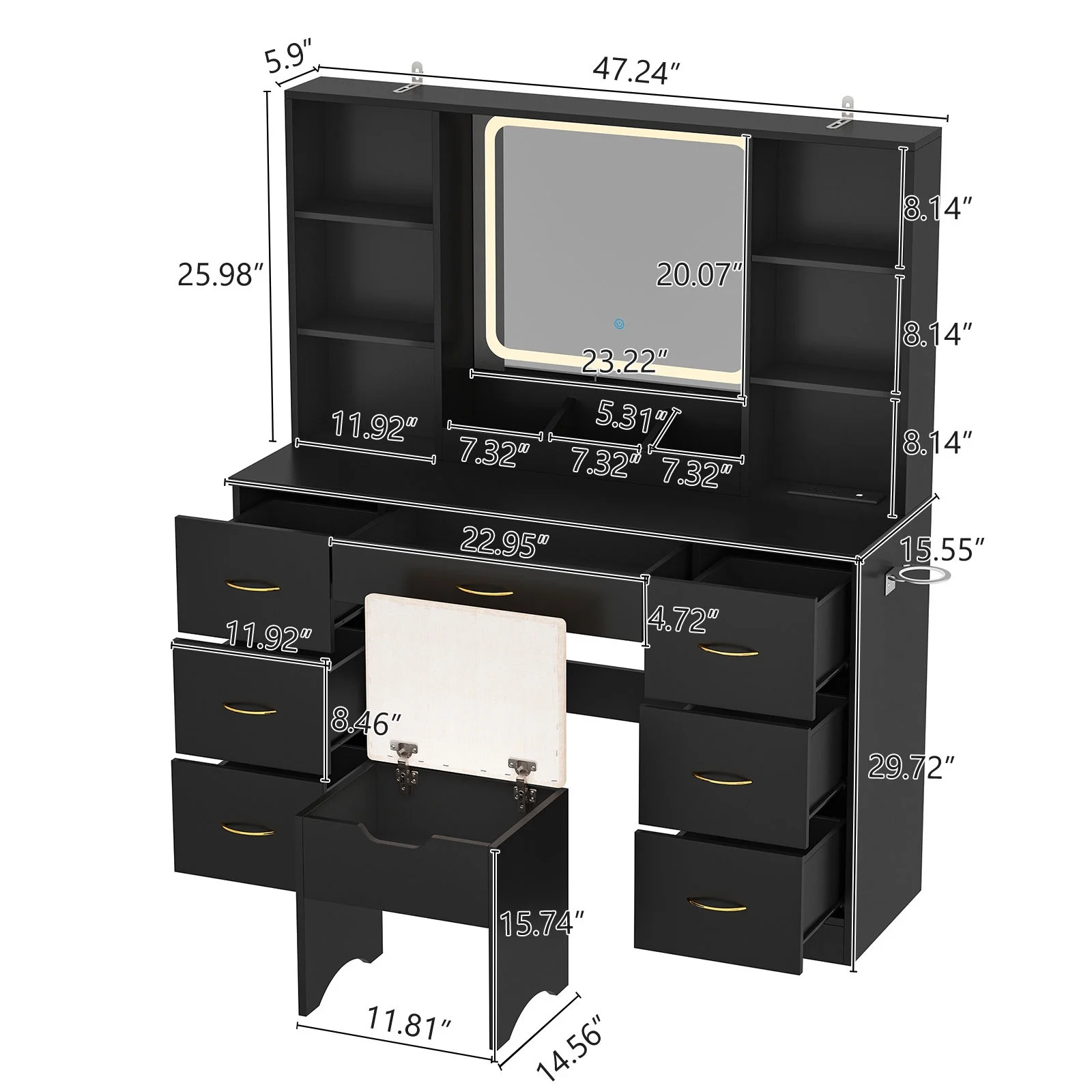 47" Large Vanity Desk with LED Lighted Mirror & Power Outlet & 7 Drawers, Makeup Vanity Table Set with Storage Stool and Hair Dryer Rack, Black