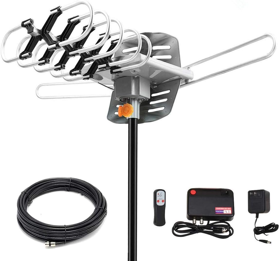 HDTV Antenna Amplified Digital Outdoor Antenna 150 Miles Range, 360 Degree Rotation Wireless Remote,with 33FT Coax Cable - Support UHF/VHF/1080p/ 4K Ready -Without Pole