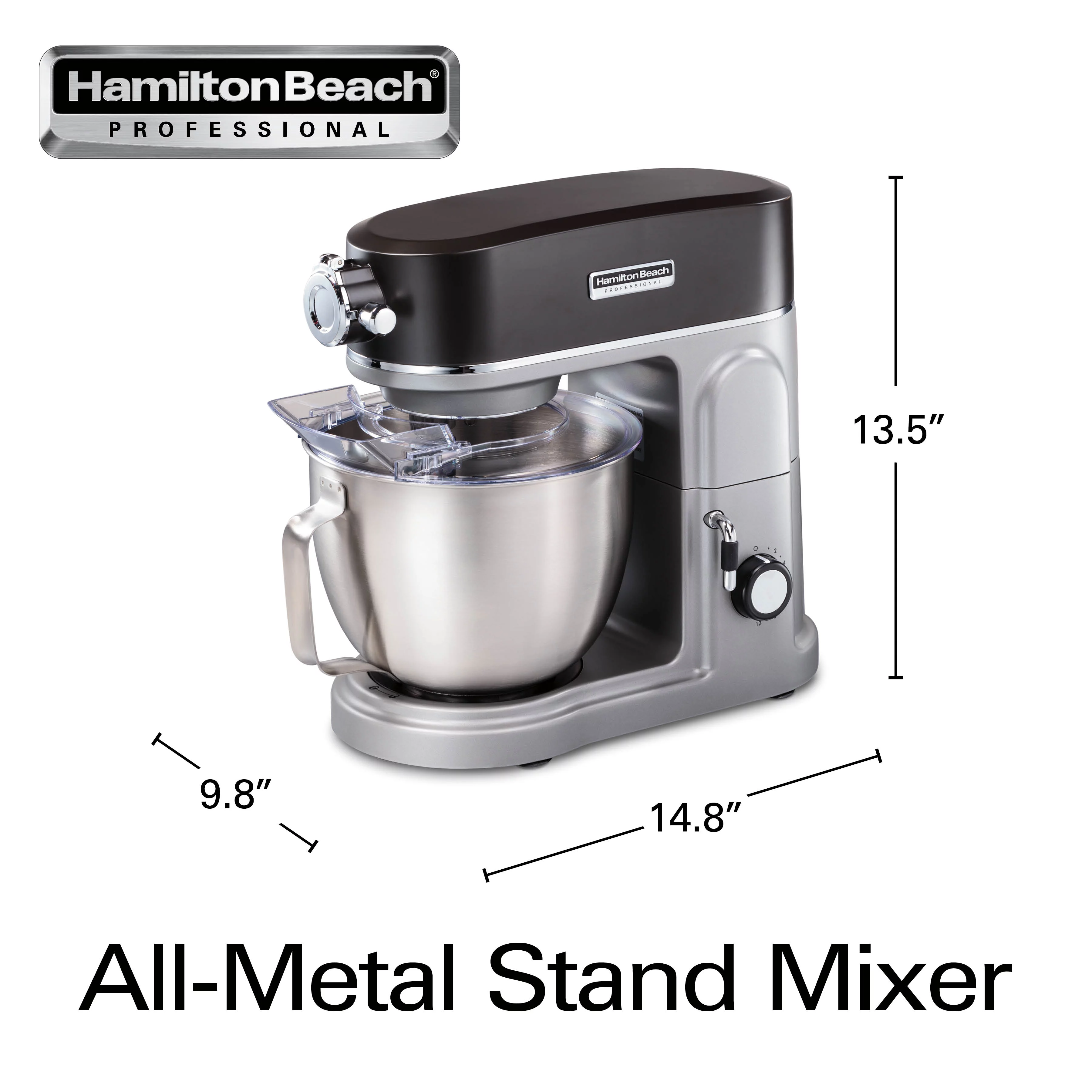 Hamilton Beach Professional All-Metal Stand Mixer, Specialty Attachment Hub, 5 Quart Bowl, 12 Speeds, Includes Flat Beater, Dough Hook, Whisk, Silver, 63240