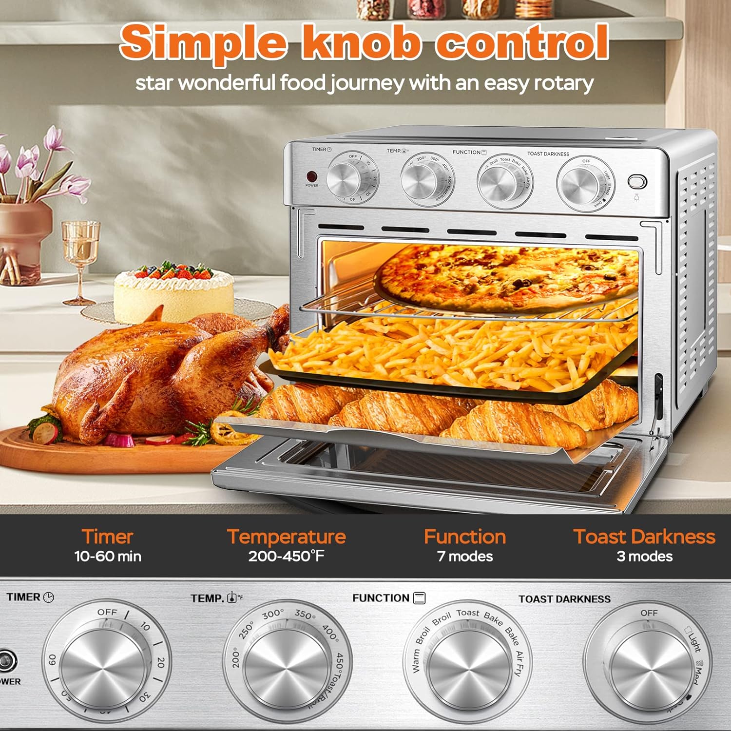 Geek Chef Air Fryer, 6 Slice 26QT Air Fryer Toaster Oven Combo, Air Fryer Oven,Roast, Bake, Broil, Reheat, Fry Oil-Free, Extra Large Convection Countertop Oven, Stainless Steel, ETL Listed