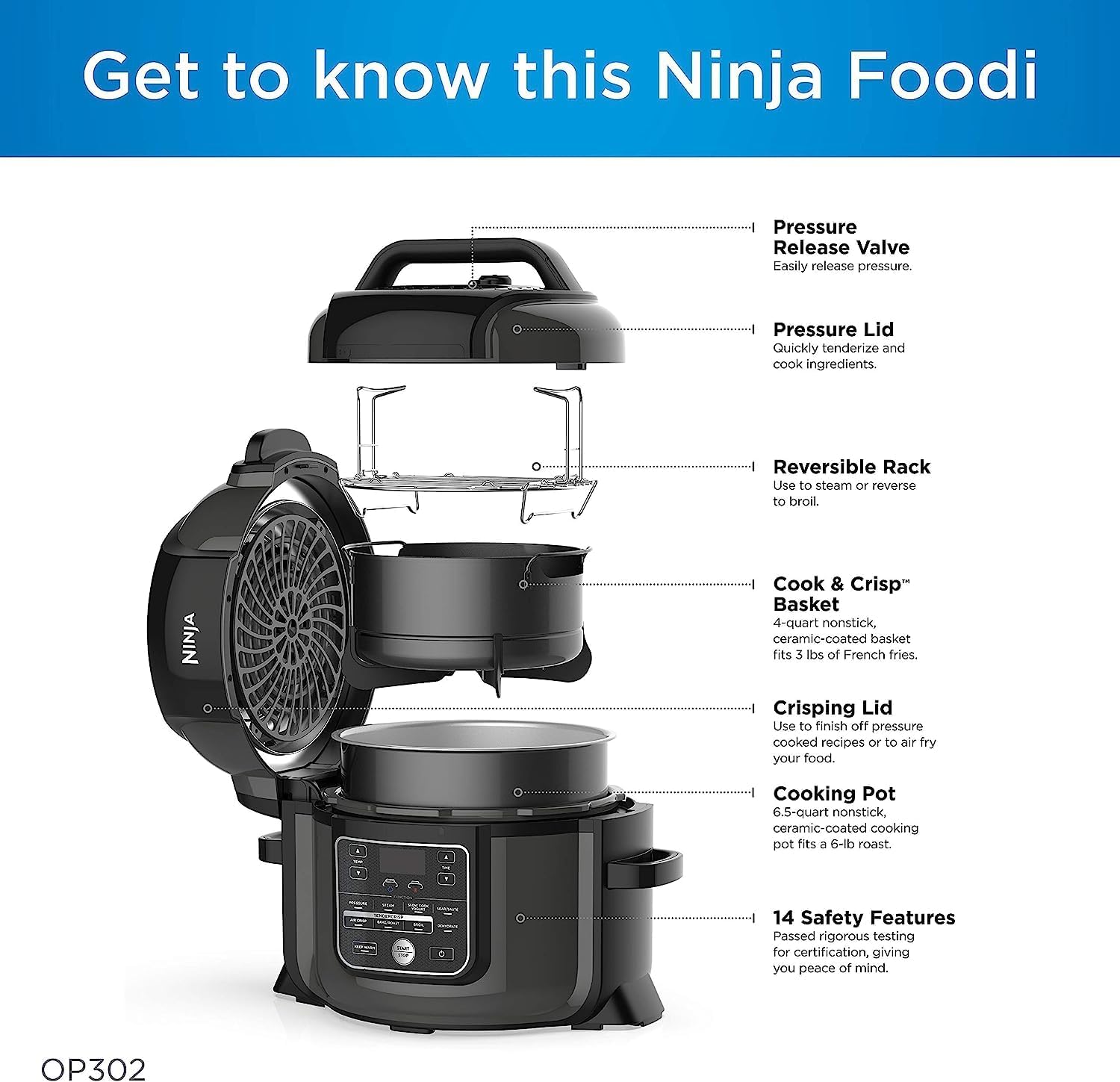 Ninja OP301 Foodi 9-in-1 Pressure, Broil, Dehydrate, Slow Cooker, Air Fryer, and More, with 6.5 Quart Capacity and 45 Recipe Book, and a High Gloss Finish