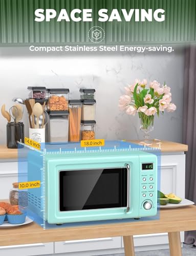 SIMOE Microwave Oven Retro Countertop Compact Microwave Oven, Child Safety Lock, Defrost & Auto Cooking Function, LED Display, Glass Turntable and Viewing Window