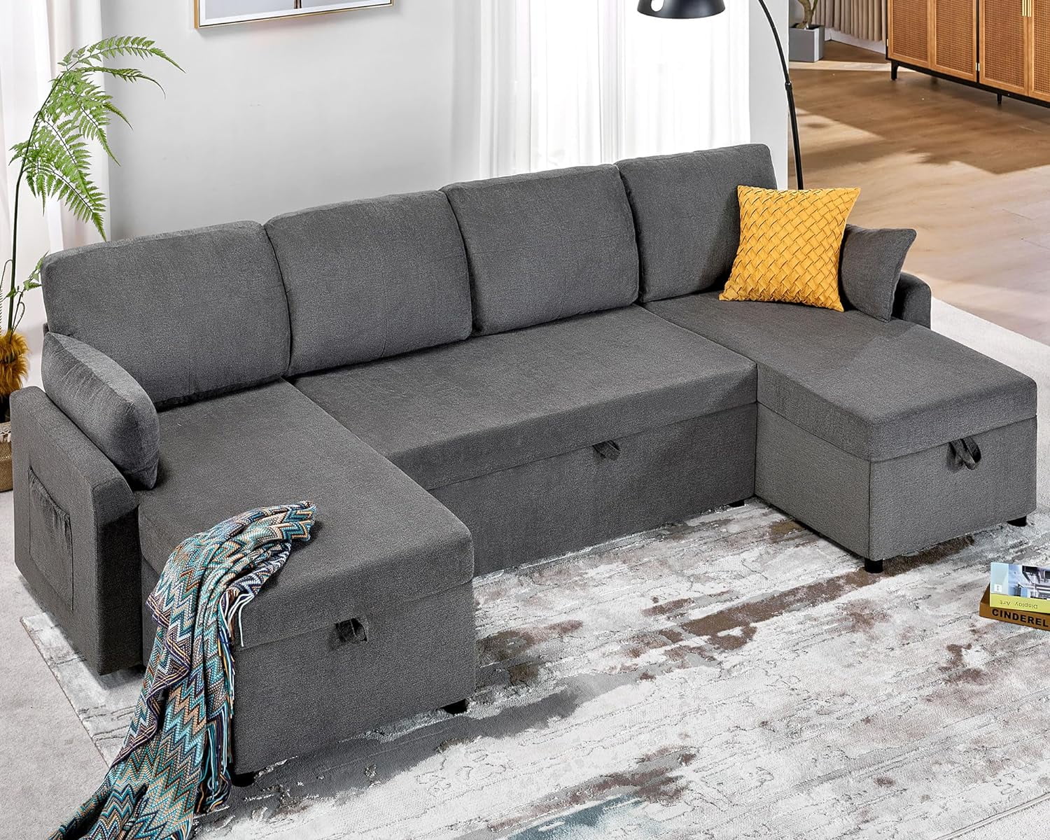 Papajet Sofa Bed, Sleeper Sofa with Storage Chaise, Pull Out Couch for Living Room- Gray Chenille