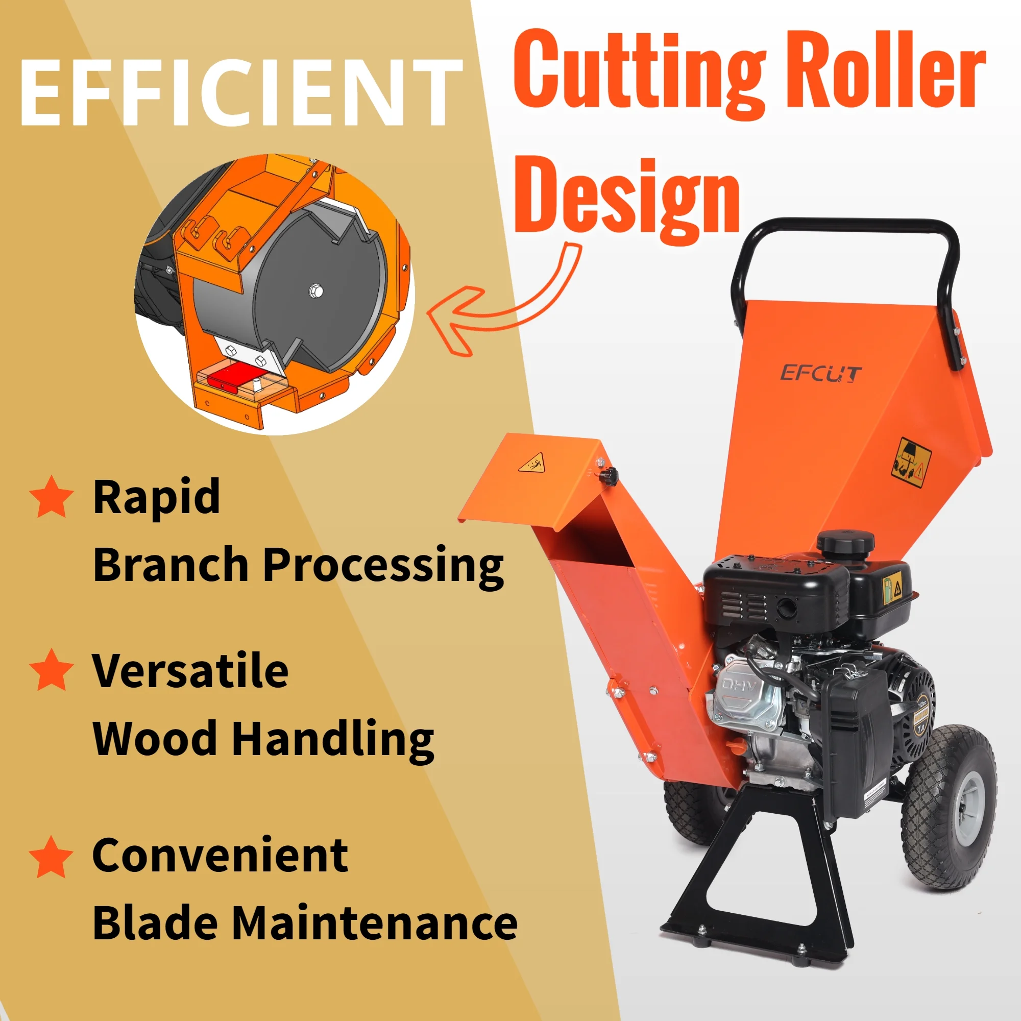 EFCUT R0 Wood Chipper Shredder Mulcher 7HP Gas Powered Heavy Duty Compact Design 3" Inch Max Capacity 104 lb