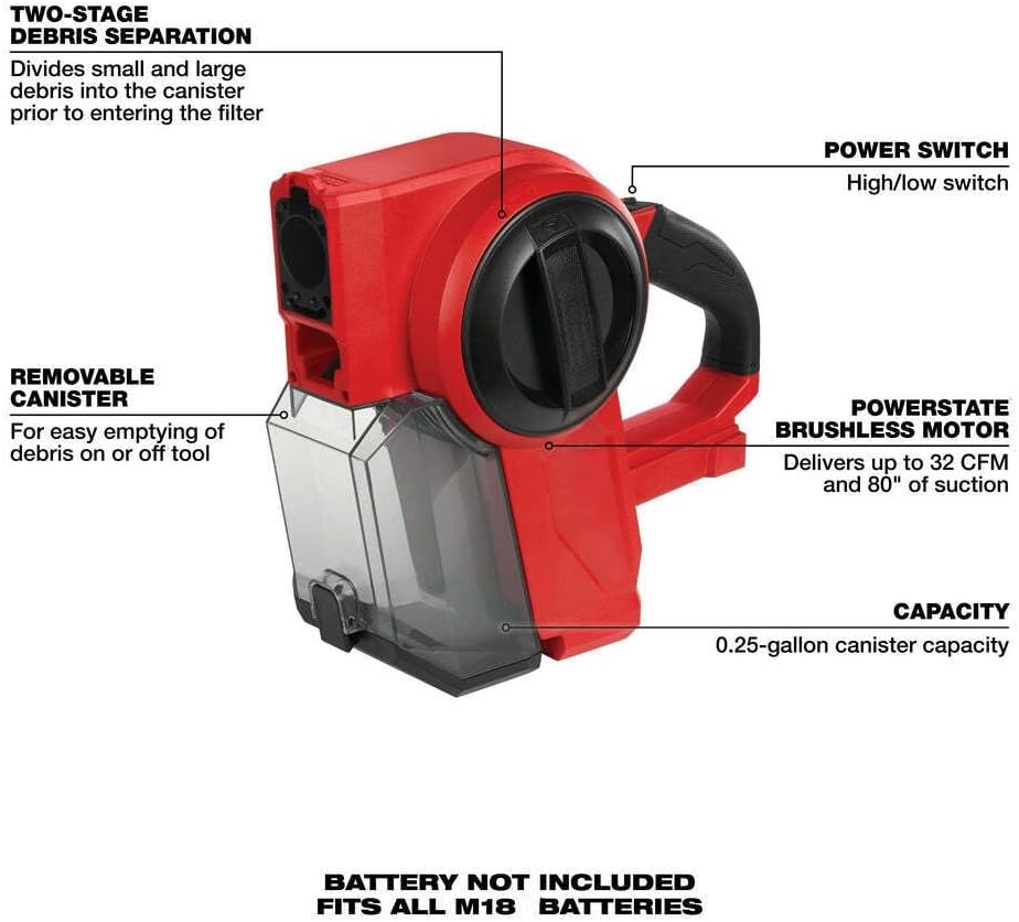 Canister/Cylinder for Milwaukee 0940-20 M18 Fuel Cordless Lithium-Ion Brushless Compact Vacuum - Bare Tool, Red