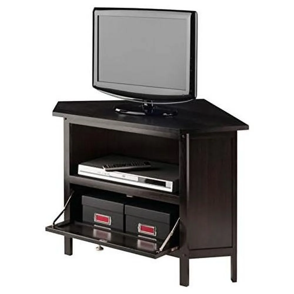 Wood Zena Corner TV Media Stand - Espresso, 27" TV Capacity, Open Shelf & Pull-Down Door, Wire-Access Grommet, Easy Assembly, 34.65" W X 23.94" D X 22.28" H