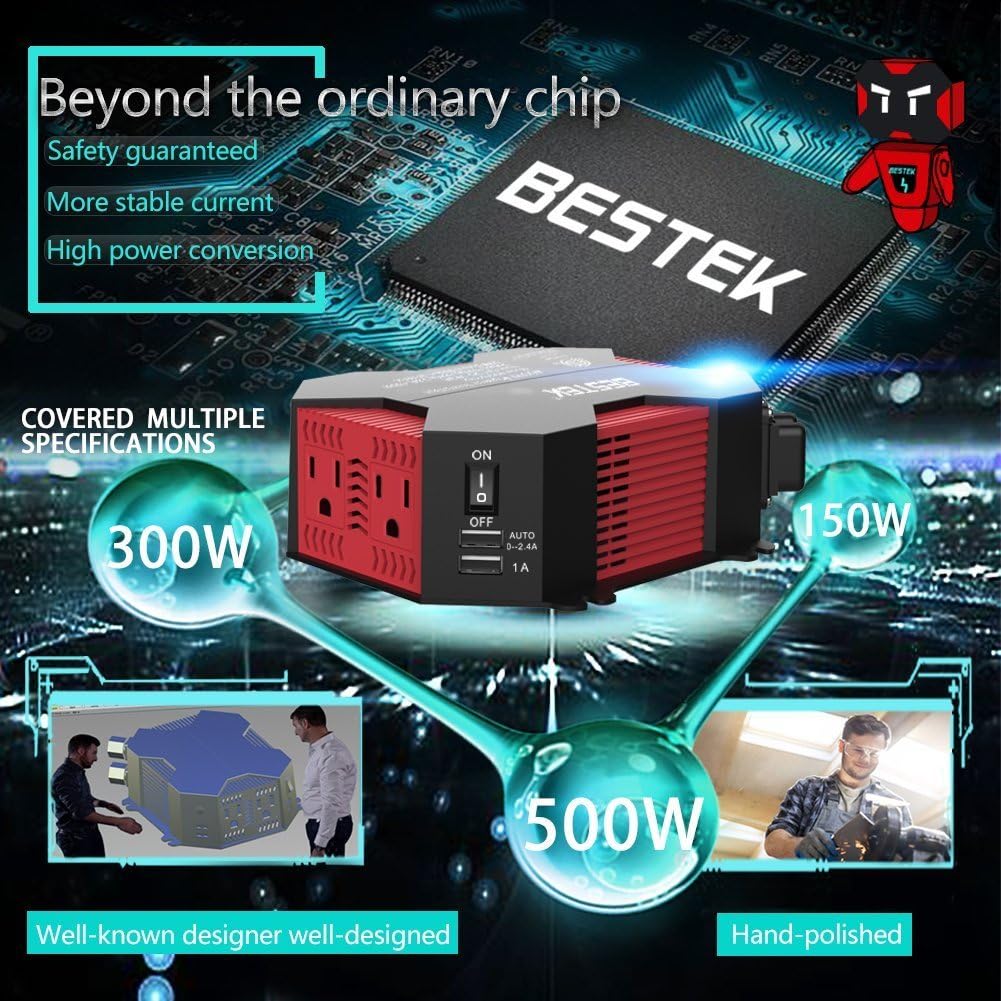 BESTEK 400W/500W DC 12V 110V Inverter with 4 USB Charging Ports, Power Converter with 2 AC Outlets Battery Clip Charger, Car Adapter (Upgrade Version) Pack of 2